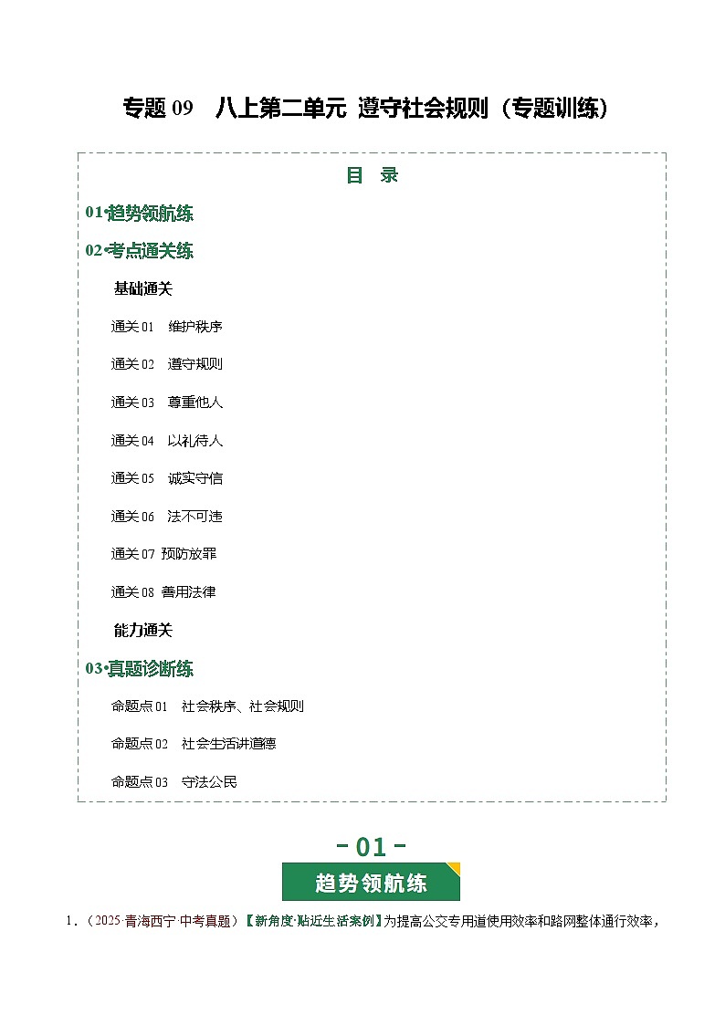 2026年中考道德与法治一轮复习讲练测专题09 遵守社会规则（专题训练）（全国通用）（原卷版）无答案第1页
