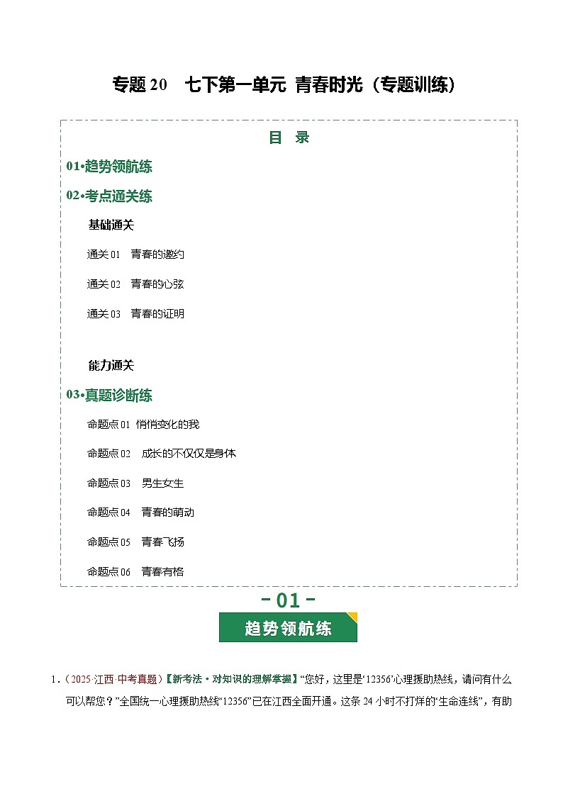 2026年中考道德与法治一轮复习讲练测专题20 青春时光（专题训练）（全国通用）（原卷版）无答案第1页