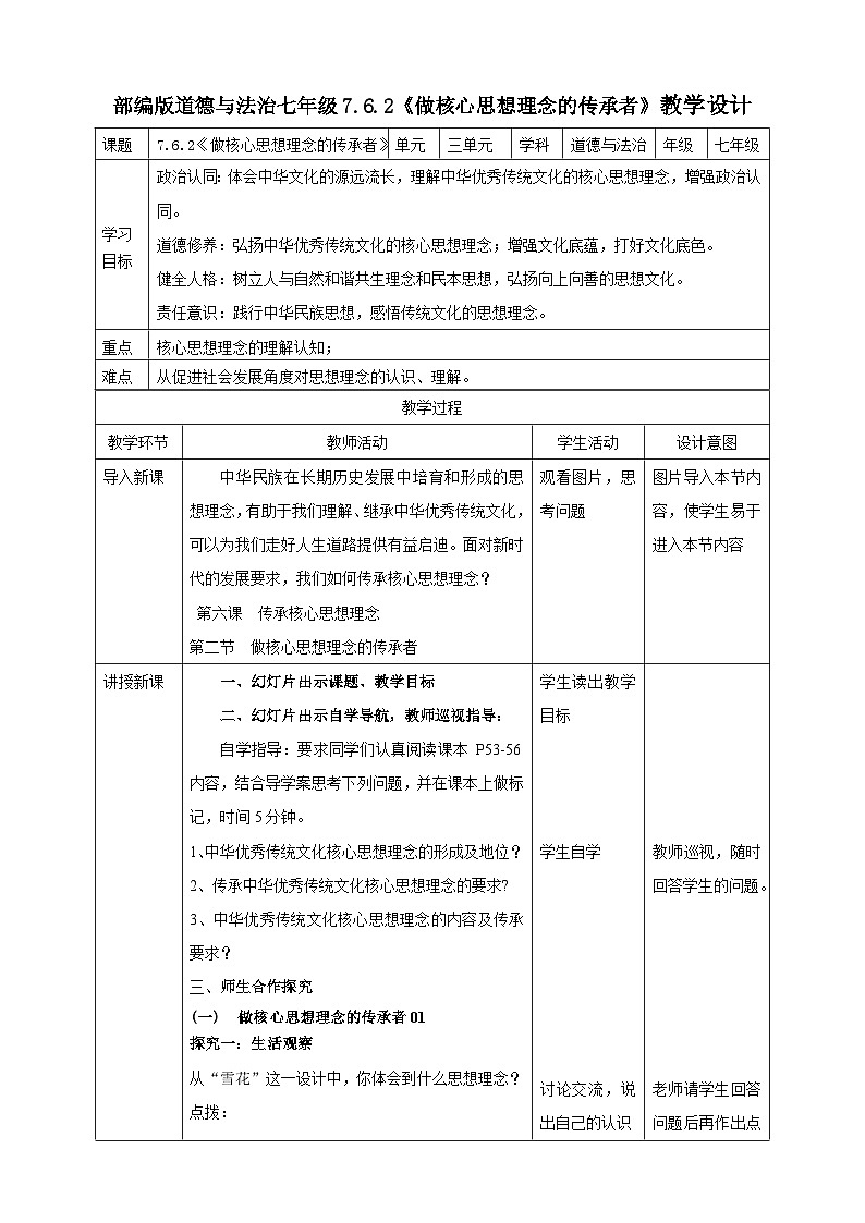 6.2《做核心思想理念的传承者》教案 表格式  2025-2026学年统编版道德与法治七年级下册第1页
