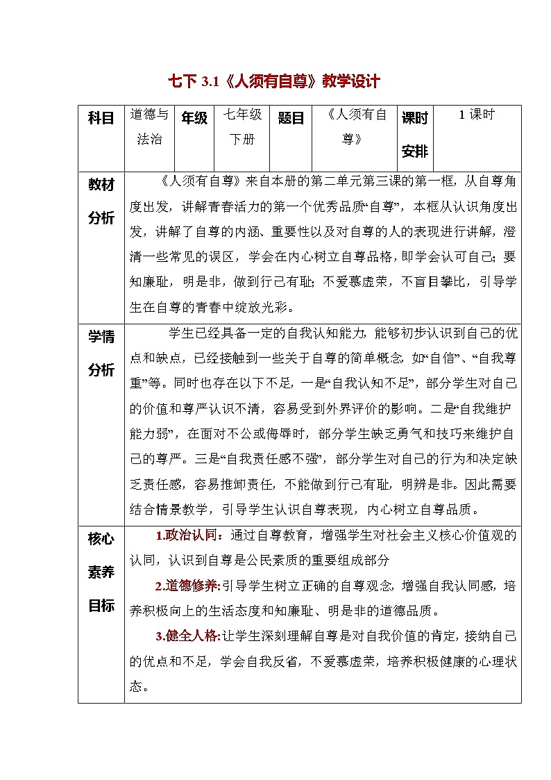 3.1 人须有自尊（教学设计） 2025-2026学年统编版道德与法治七年级下册第1页