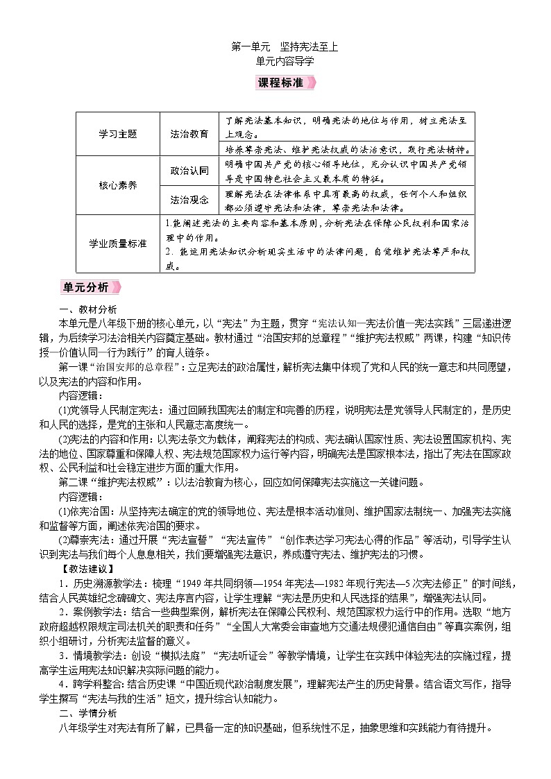 2026统编版八年级道德与法治下册 第一单元 单元内容导学 (教案)第1页