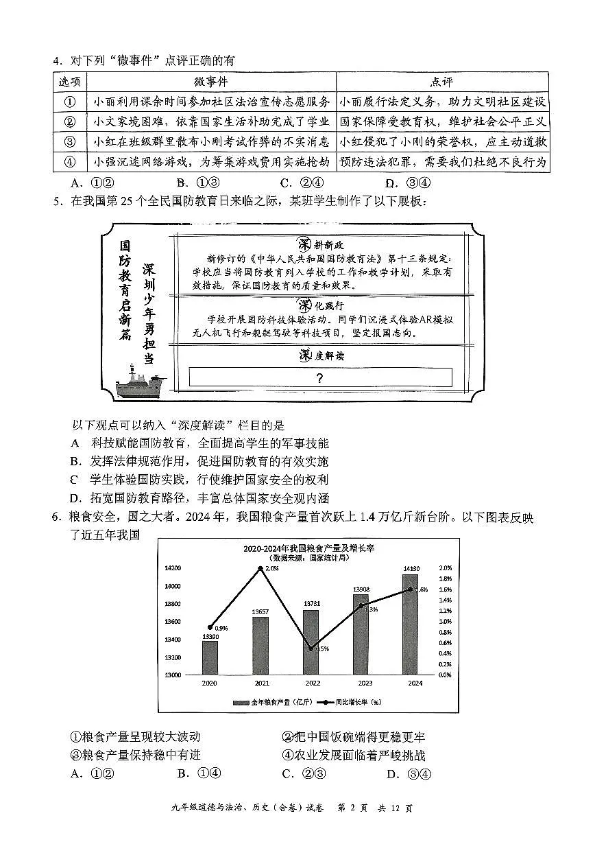 2025年深圳市龙华区中考二模道法试卷含答案第2页