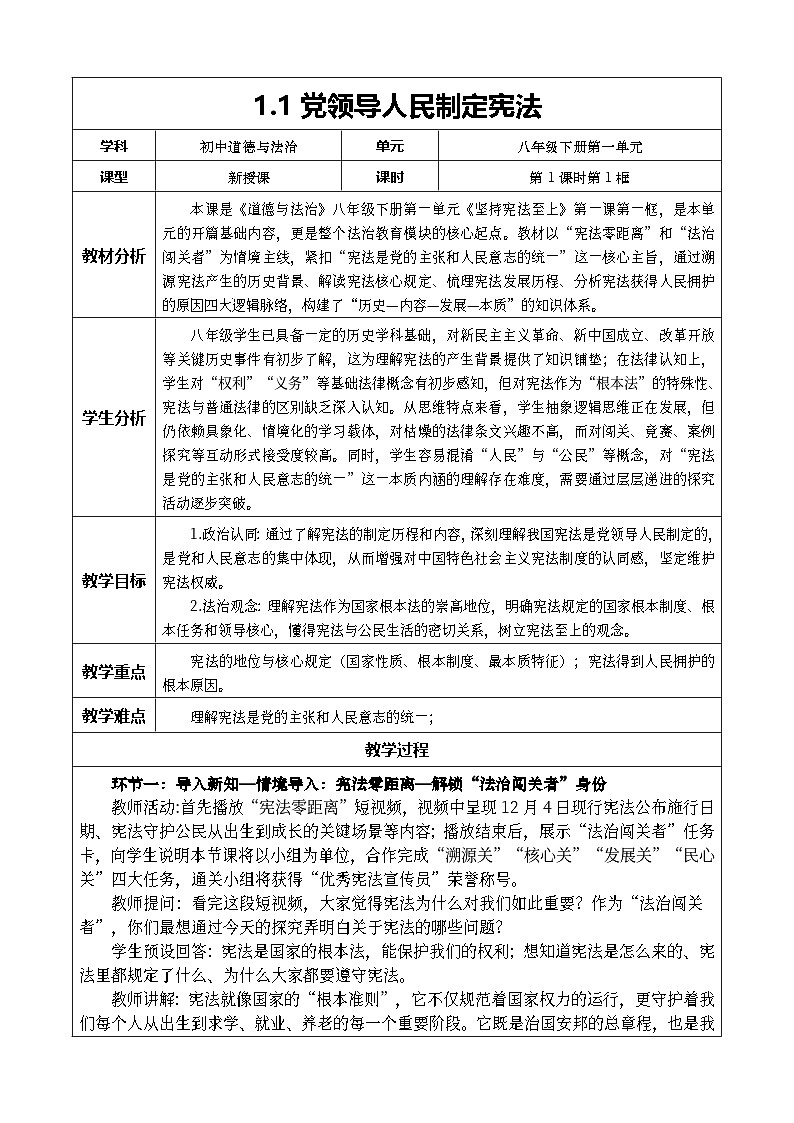 1.1 党领导人民制定宪法 教学设计  2025-2026学年统编版道德与法治 八年级下册第1页