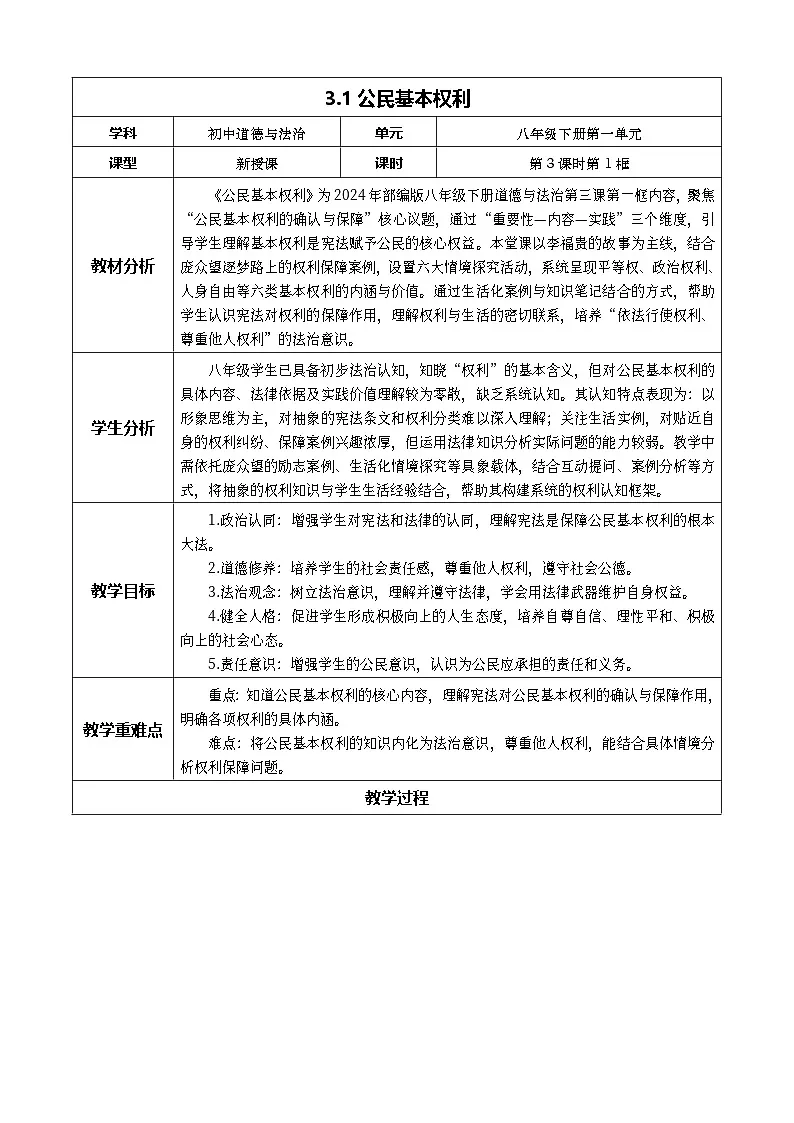 3.1 公民基本权利 教学设计2025-2026学年统编版道德与法治 八年级下册第1页