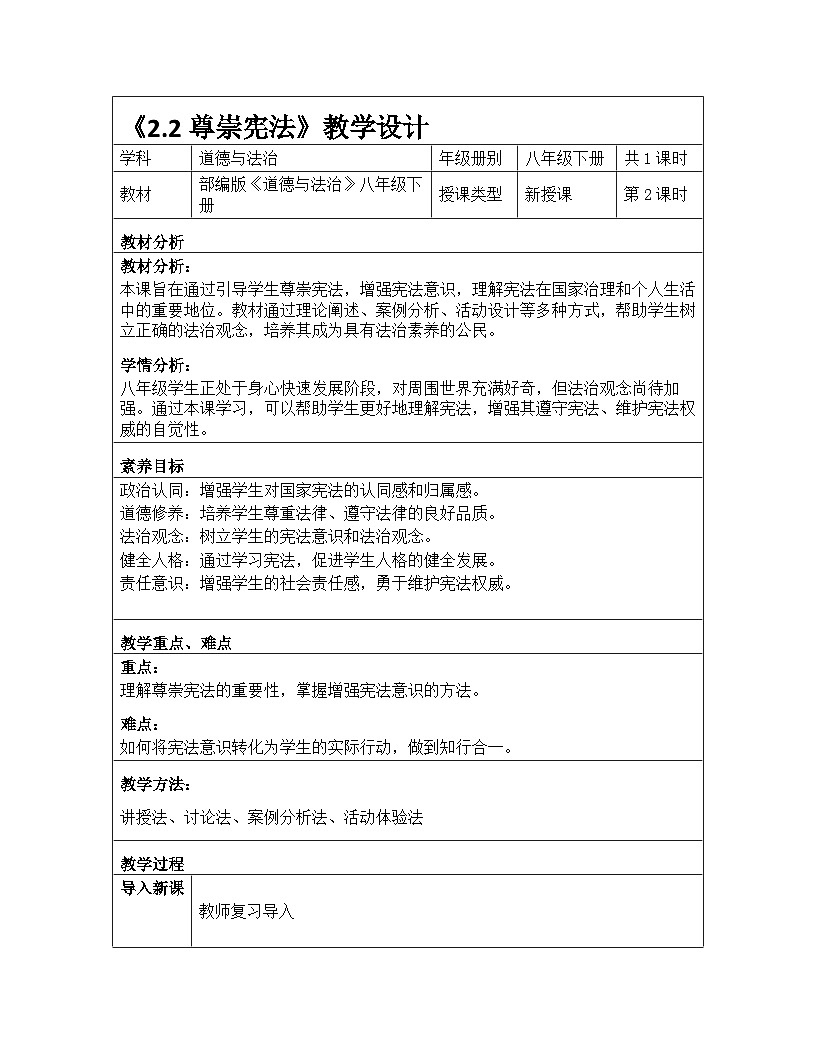 统编版2024初中道法八下1-2-2《尊崇宪法》教学设计第1页