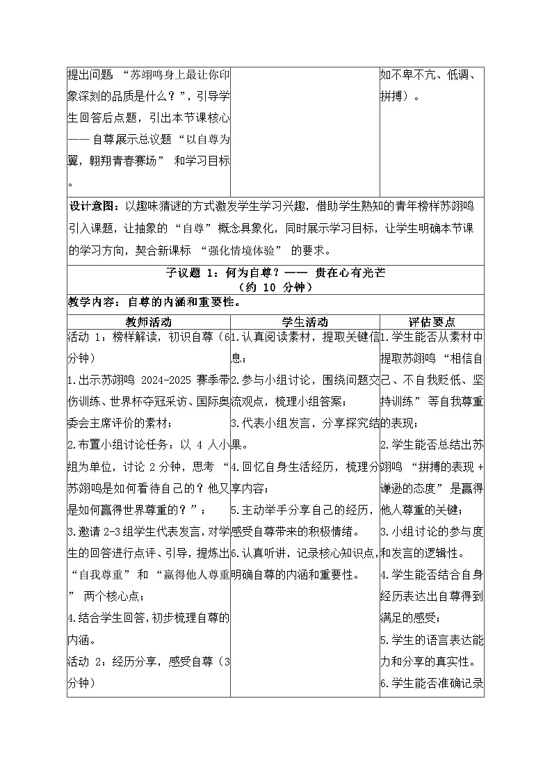 3.1人须有自尊 教学设计  2025-2026学年统编版道德与法治七年级下册第2页