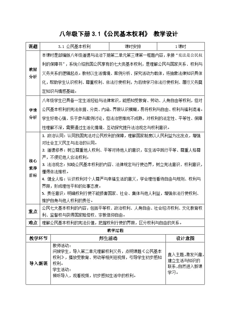 3.1公民基本权利 教案2025-2026学年统编版道德与法治八年级下册第1页