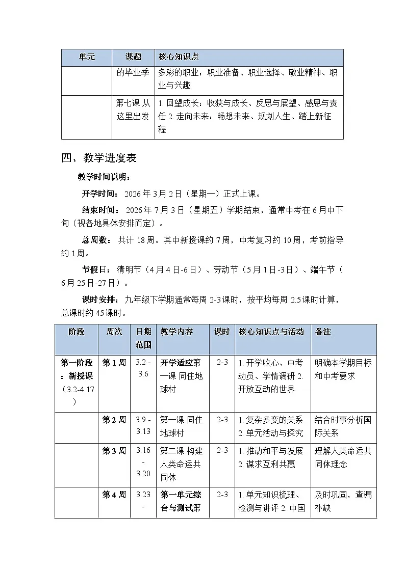 2025-2026学年统编版初中道德与法治九年级下册教学计划及进度表第3页