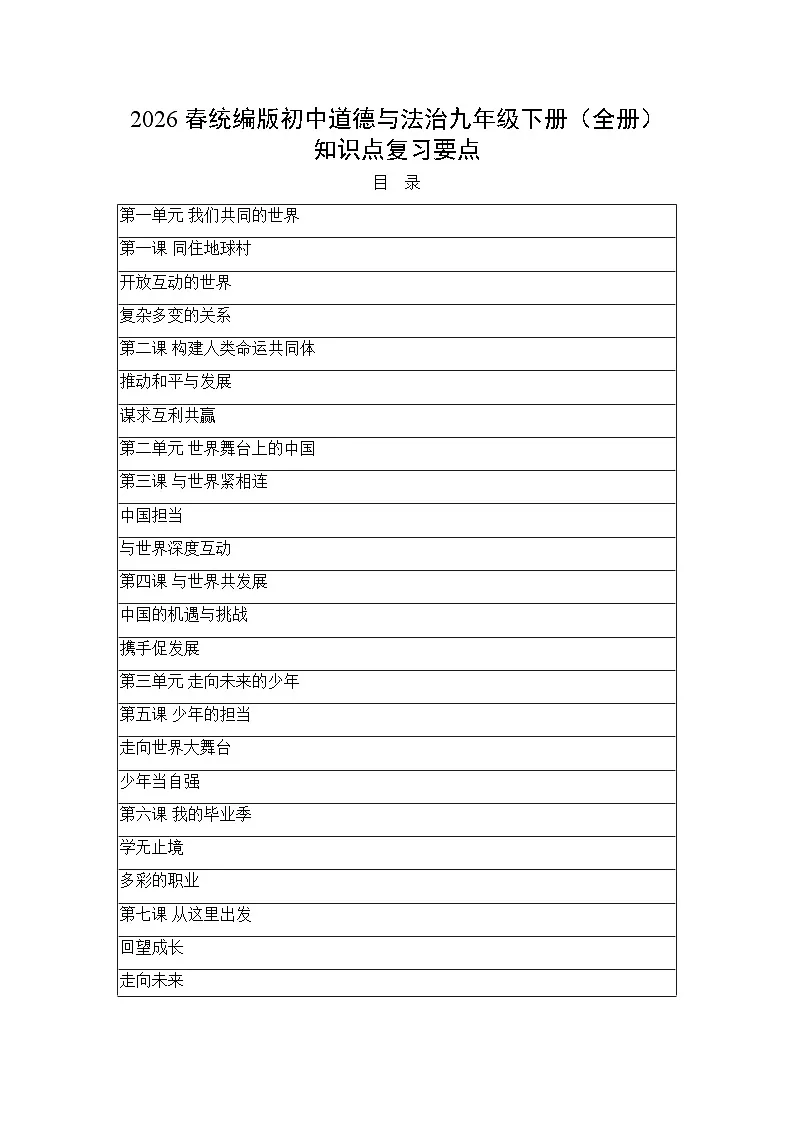 2026春统编版初中道德与法治九年级下册（全册）知识点复习要点第1页