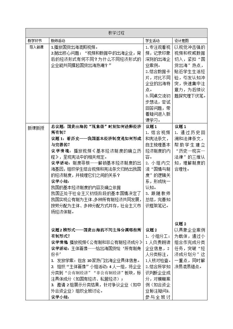 6.1公有制为主体，多种所有制共同发展 表格式 教案 2025-2026学年统编版道德与法治八年级下册第2页