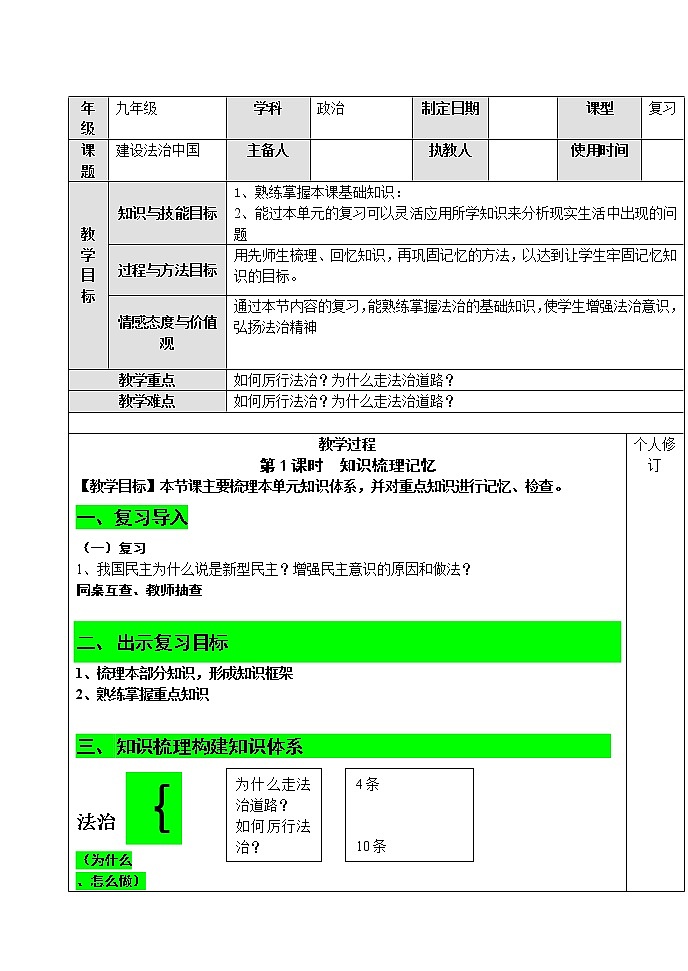 部编版道德与法治九年级上册 第四课 建设法治中国 复习教案01