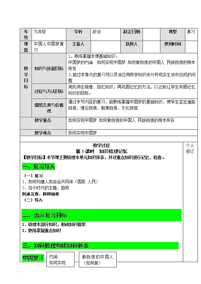 部编版道德与法治九年级上册 第八课 中国人 中国梦  复习教案01