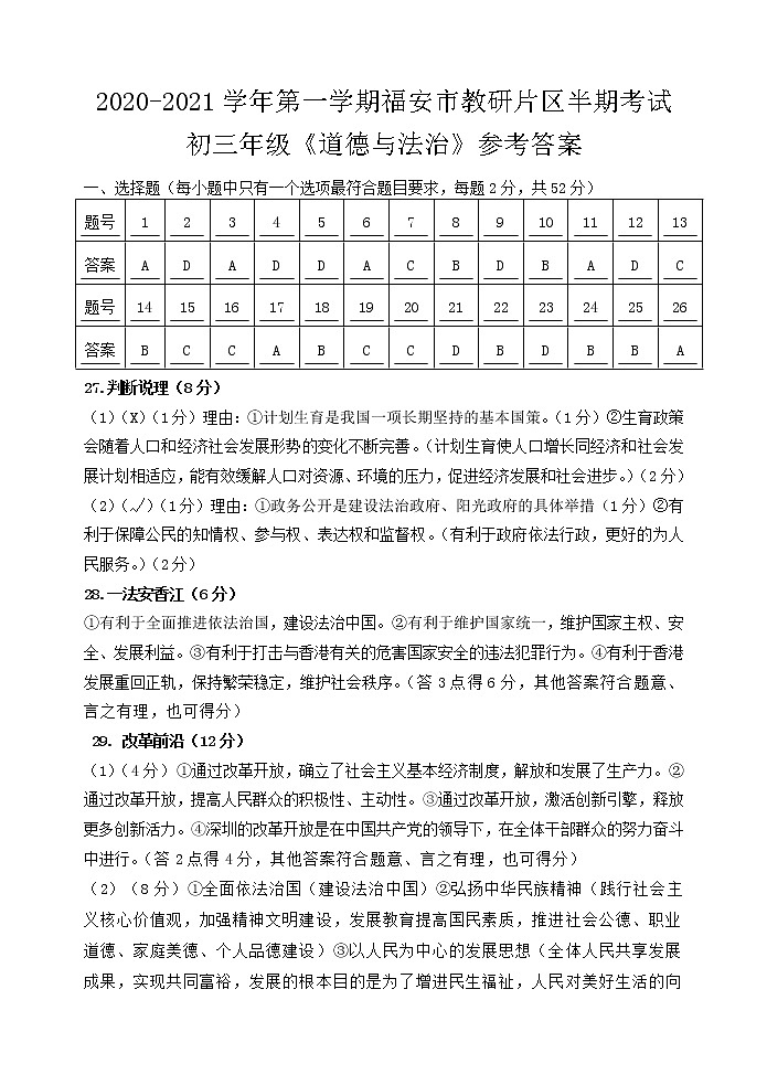 2020-2021学年第一学期福安市环城区片区九年级道德与法治期中考试试卷（含答案、答题卡）01