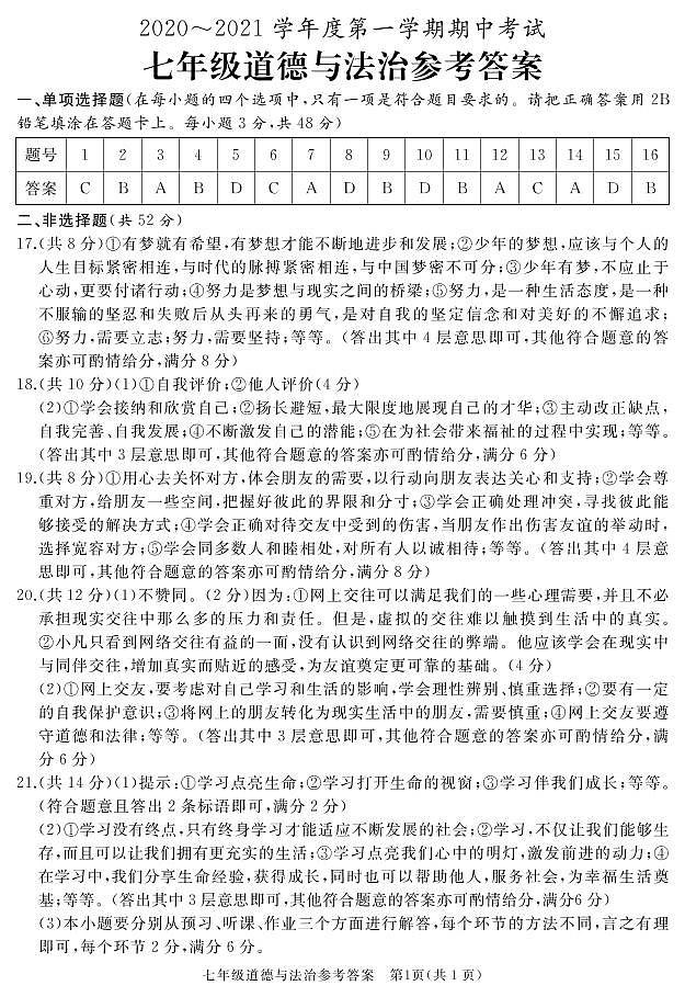 七年级道法答案第1页