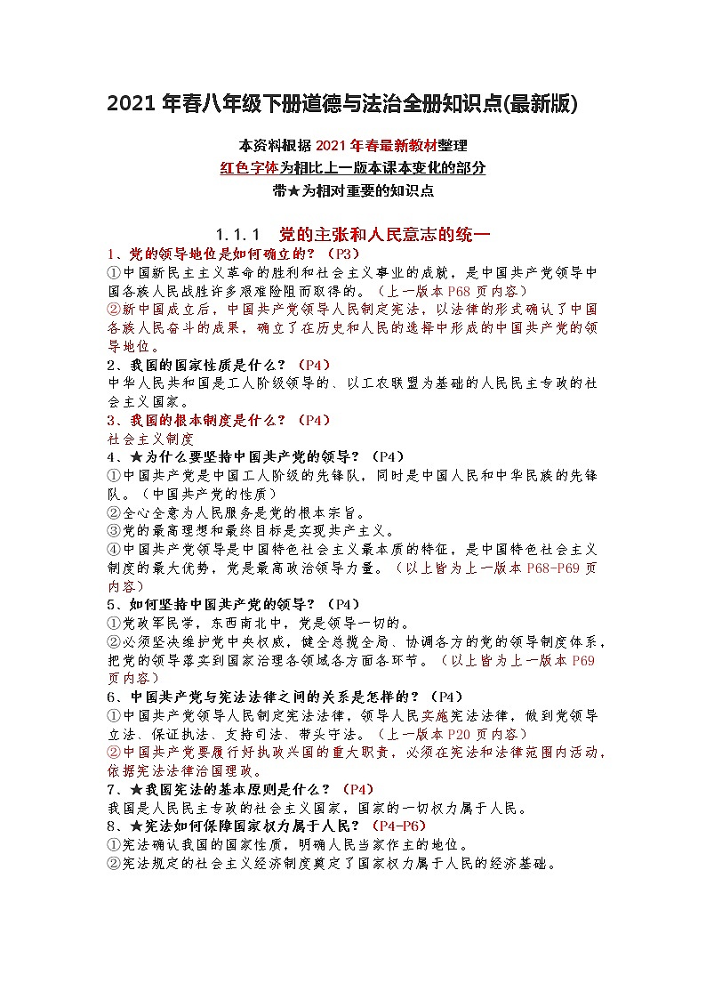 2021年春八年级下册道德与法治全册知识点(最新版)第1页