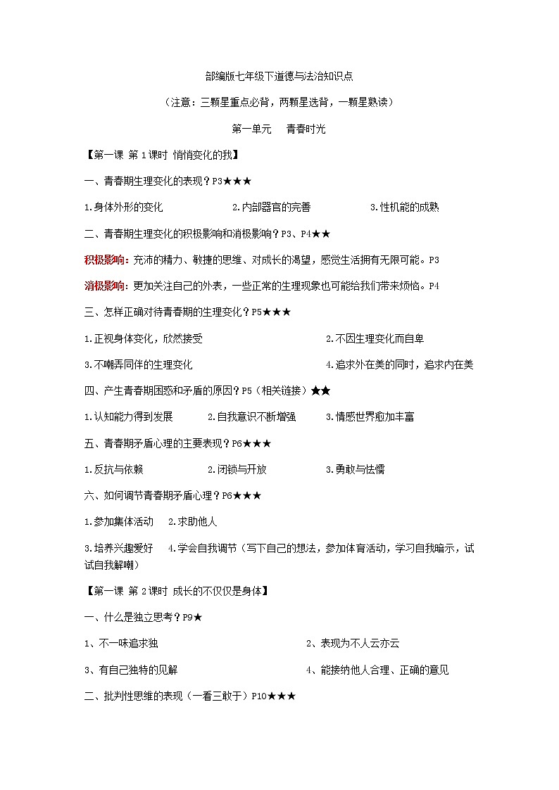 人教部编版道德与法治七年级下册全册知识点总结（有重点问题标识）01