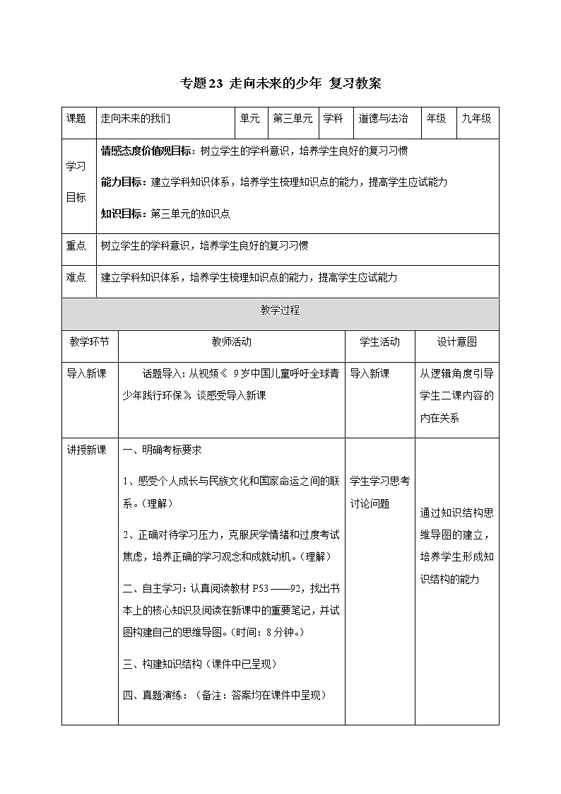 2021年中考九年级道德与法治专题23 走向未来的少年 复习教案第1页