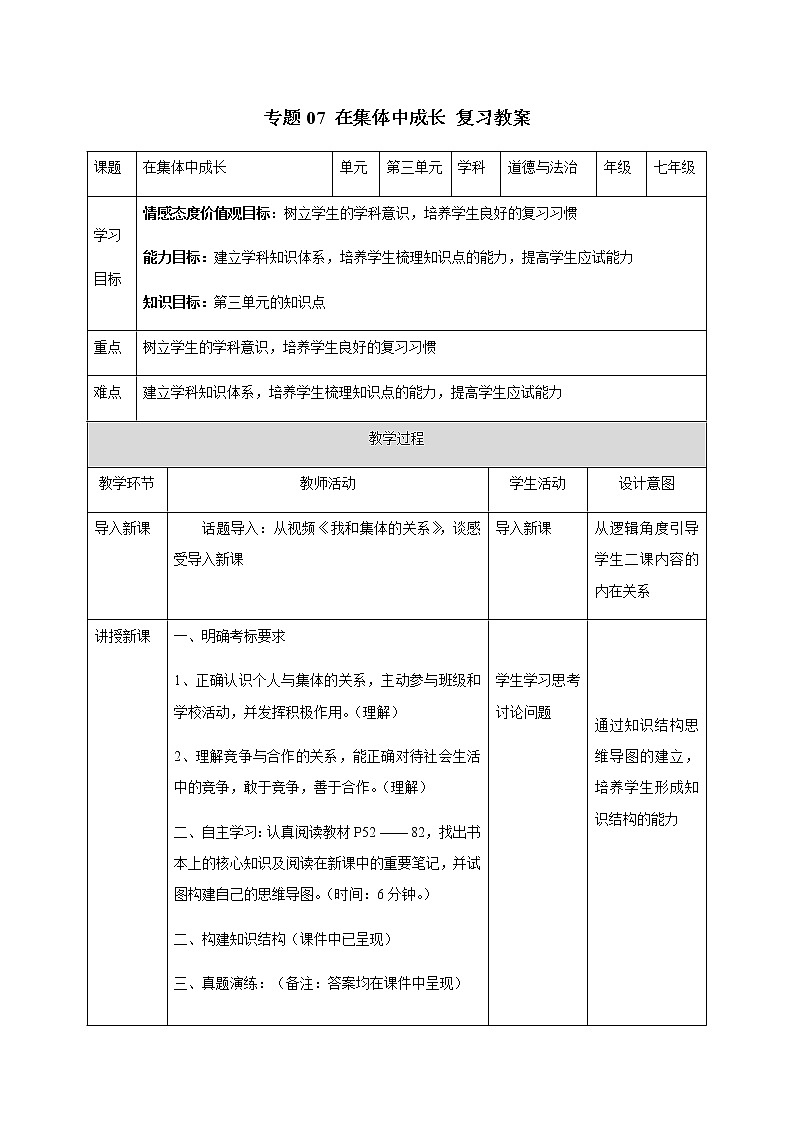2021年中考九年级道德与法治专题07 在集体中成长 复习教案第1页