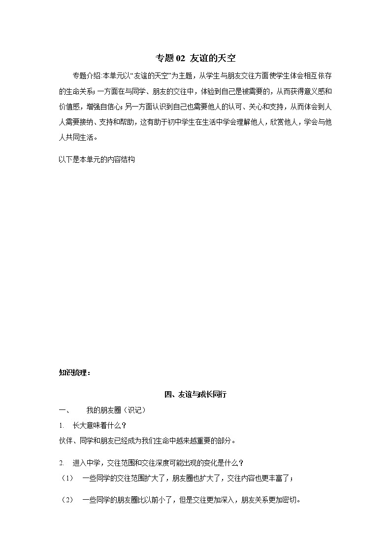 人教部编版道德与法治七年级上册知识点复习专题02 友谊的天空01