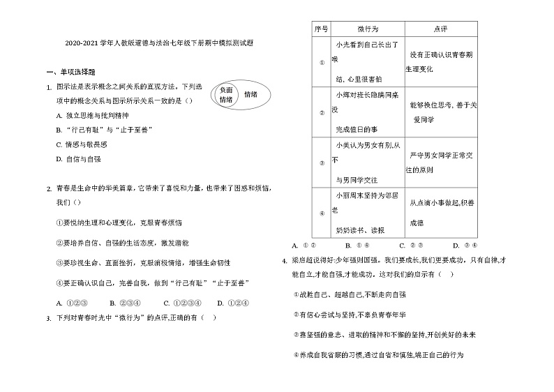 2020-2021学年人教版道德与法治七年级下册期中模拟复习测试题（word版 含答案）01