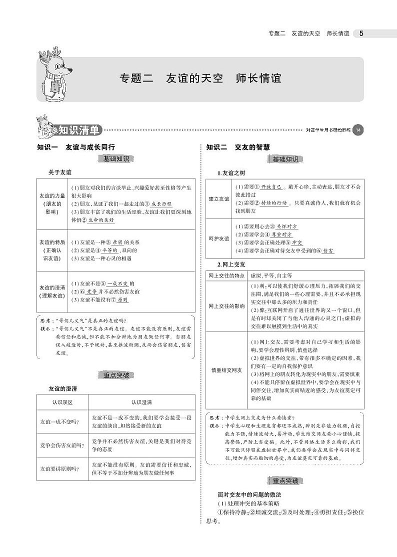 初中道德与法治复习专题二　友谊的天空　师长情谊第1页