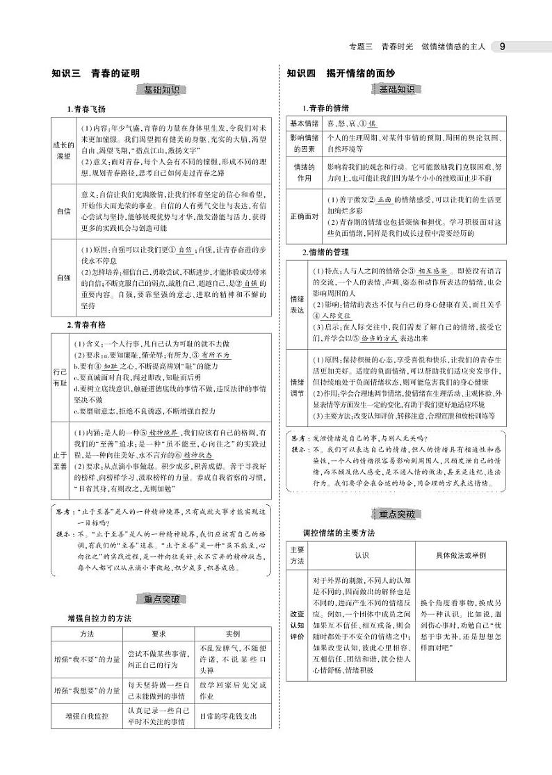 初中道德与法治复习专题三　青春时光　做情绪情感的主人第2页