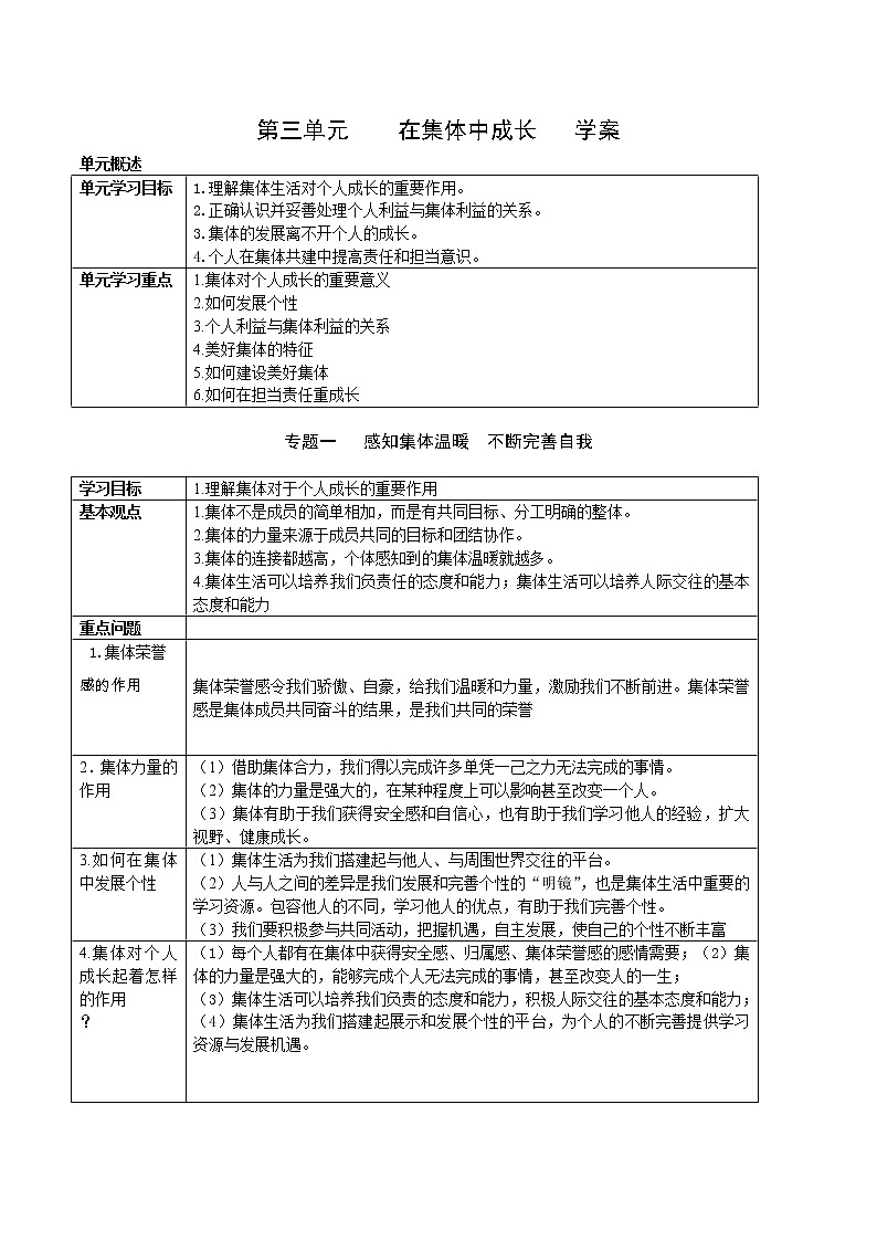 2020-2021学年部编版七年级道德与法治下册 第三单元   在集体中成长   学案01
