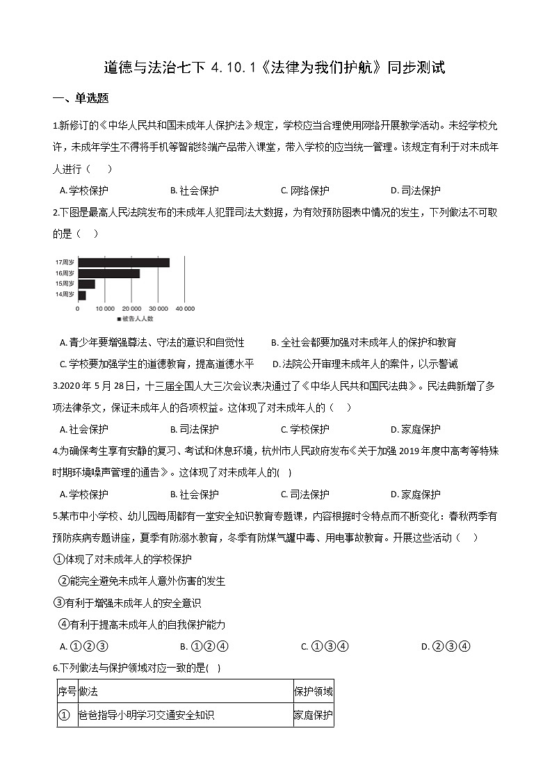 2020-2021学年人教版道德与法治七年级下册10.1《法律为我们护航》同步测试（答案解析版）01