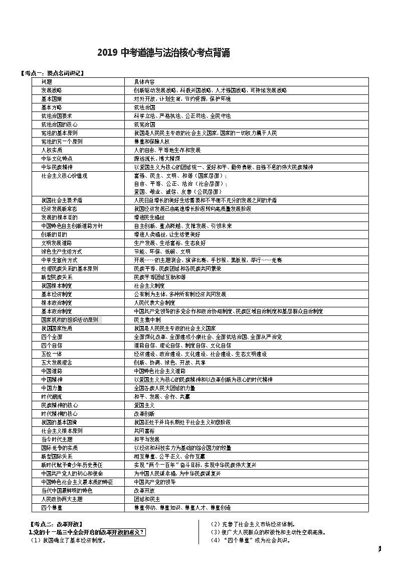 2019中考道德与法治核心考点背诵汇编01