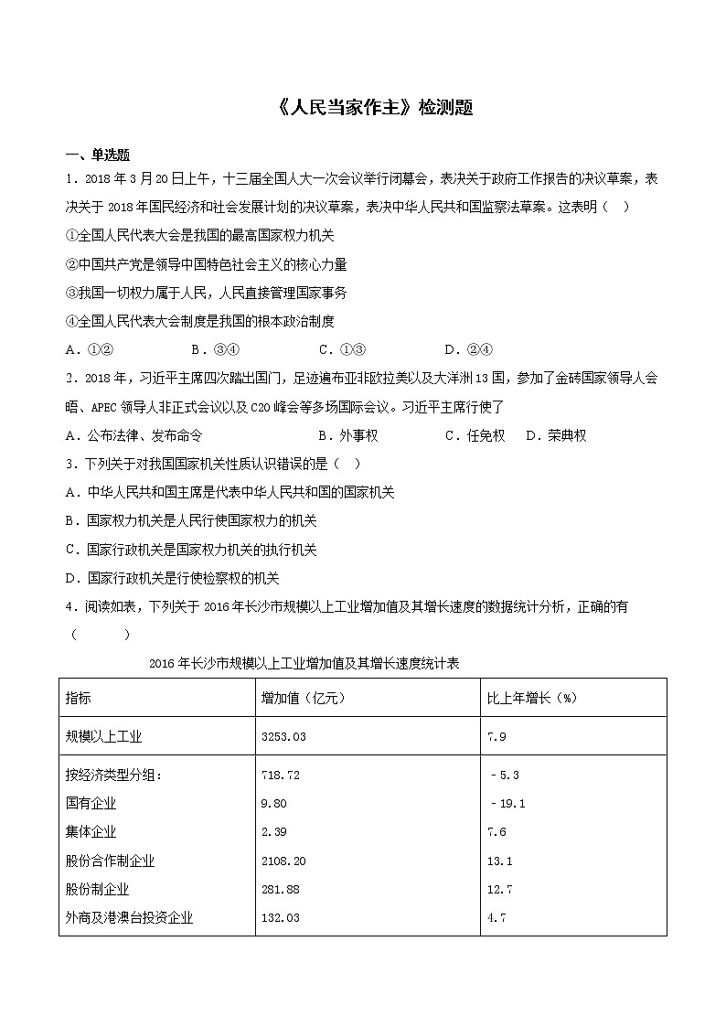 2020-2021学年人教版道德与法治八年级下册第三单元《人民当家作主》检测题 （含答案）01