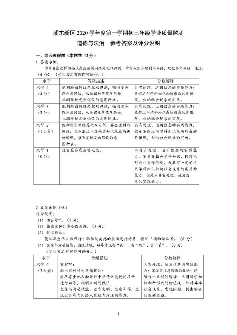 2021年浦东区九年级道德与法治一模卷(含答案)03