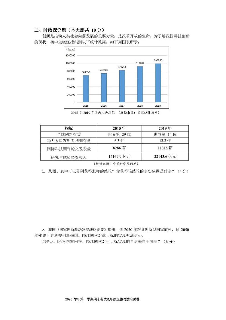2021年宝山区九年级道德与法治一模卷(含答案)02