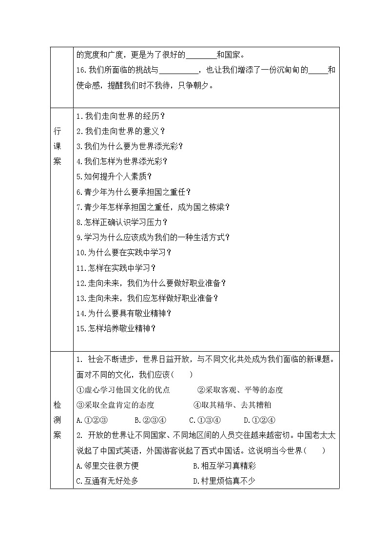 人教版九年级道德与法治下册 第三单元  走向未来的少年 复习导学案（无答案）03