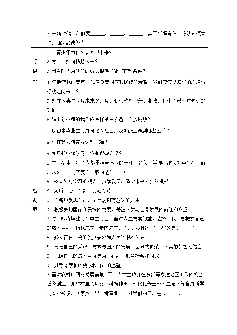 人教版九年级道德与法治下册 7.2走向未来   导学案 （无答案）02