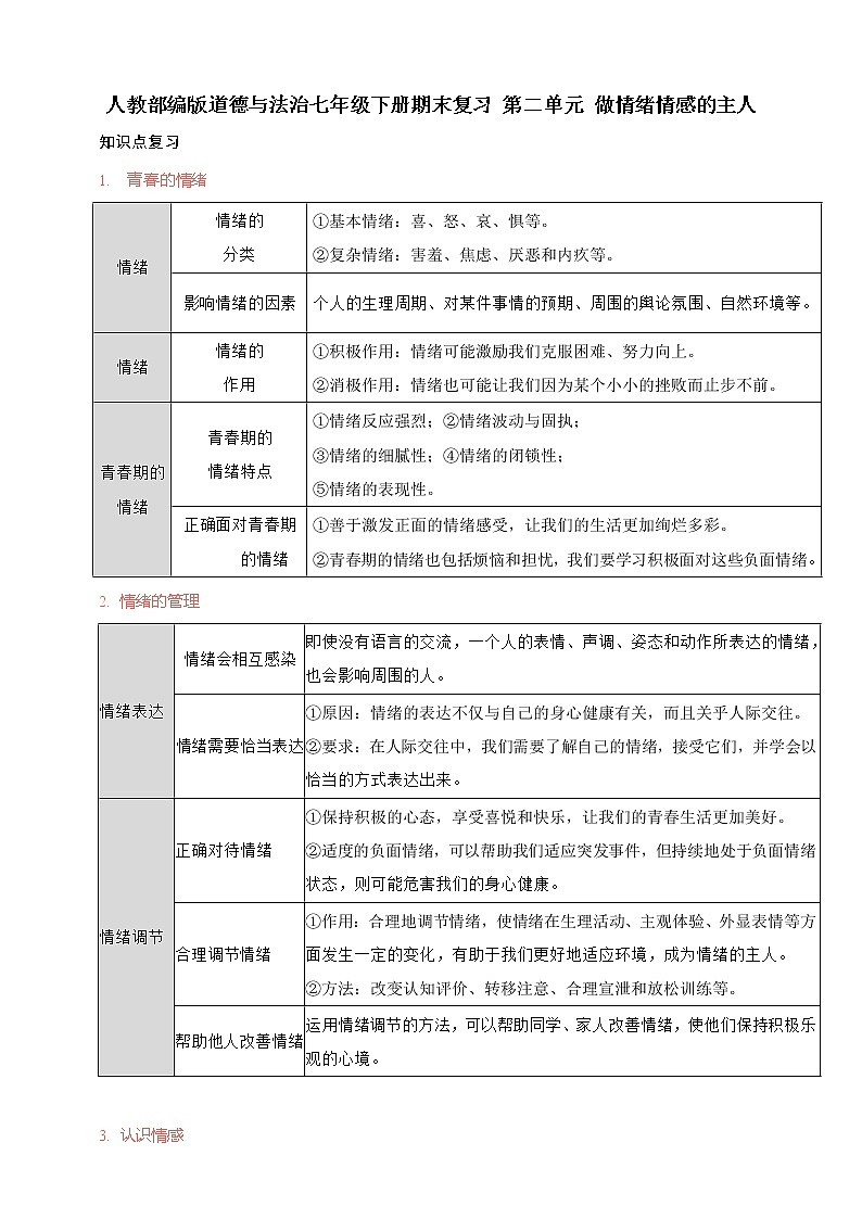 人教部编版道德与法治七年级下册期末复习 第二单元 做情绪情感的主人（原卷版+解析版）01
