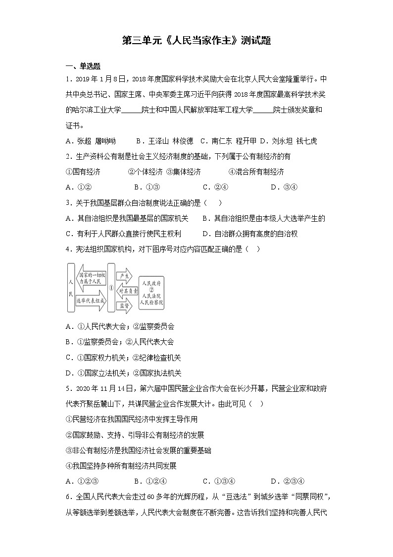 部编版道德与法治八年级下册 第三单元《人民当家作主》测试题（含答案）01