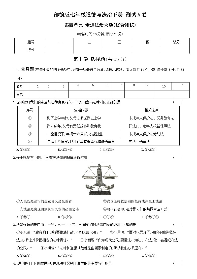【精品】部编版七年级下册  道德与法治  第4单元《走进法治天地》单元测试A卷（含解析）01