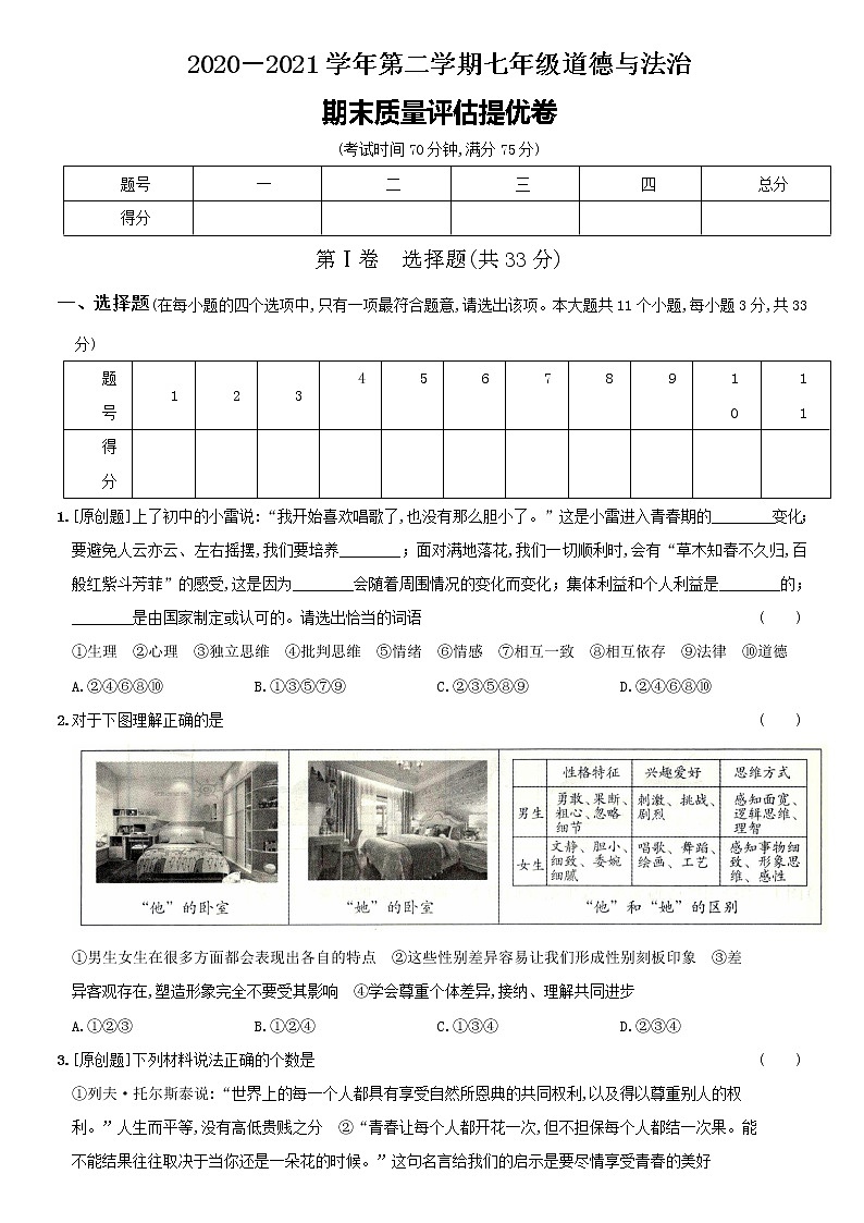 2020-2021学年第二学期山西省晋城市七年级下道德与法治（下）期末质量评估提优卷（含解析）01