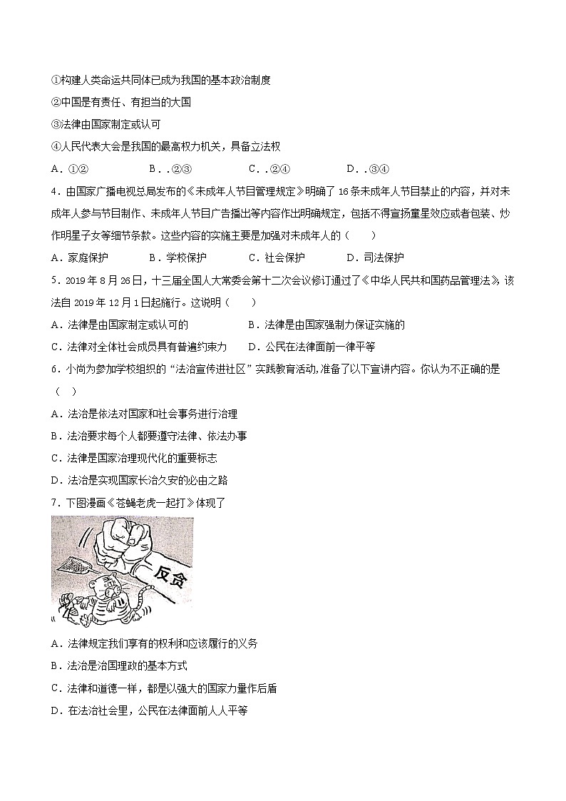 人教版道德与法治七年级下册 第四单元《走进法治天地》检测题（含答案）第2页
