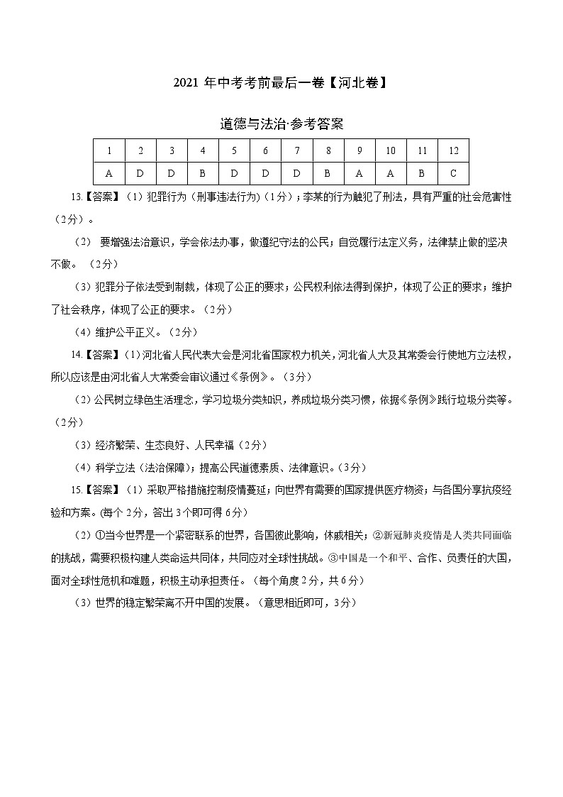 道德与法治-（河北卷）【试题猜想】2021年中考考前最后一卷（考试版+答题卡+全解全析+参考答案）01