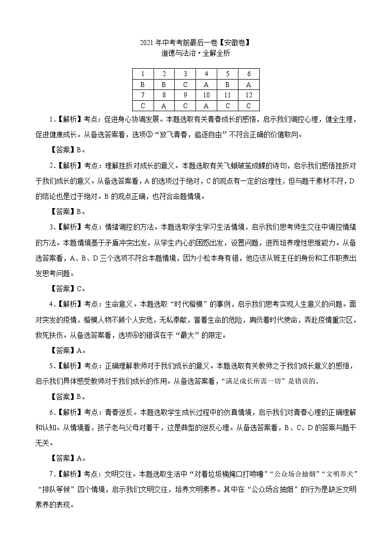 道德与法治-（安徽卷）【试题猜想】2021年中考考前最后一卷（考试版+答题卡+全解全析+参考答案）01