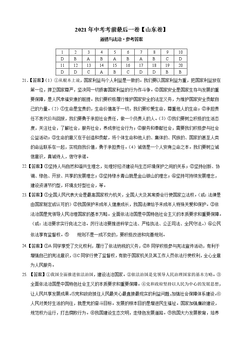 道德与法治-（山东卷）【试题猜想】2021年中考考前最后一卷（考试版+答题卡+全解全析+参考答案）01