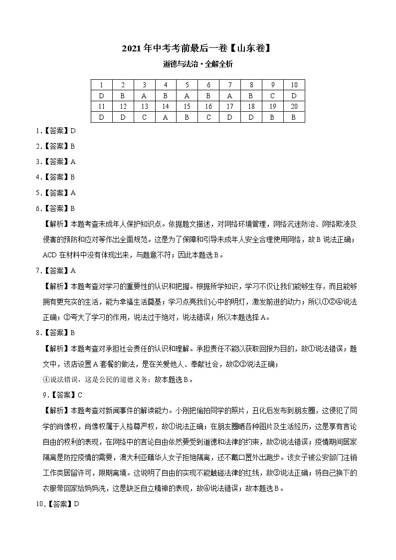 道德与法治-（山东卷）【试题猜想】2021年中考考前最后一卷（考试版+答题卡+全解全析+参考答案）01