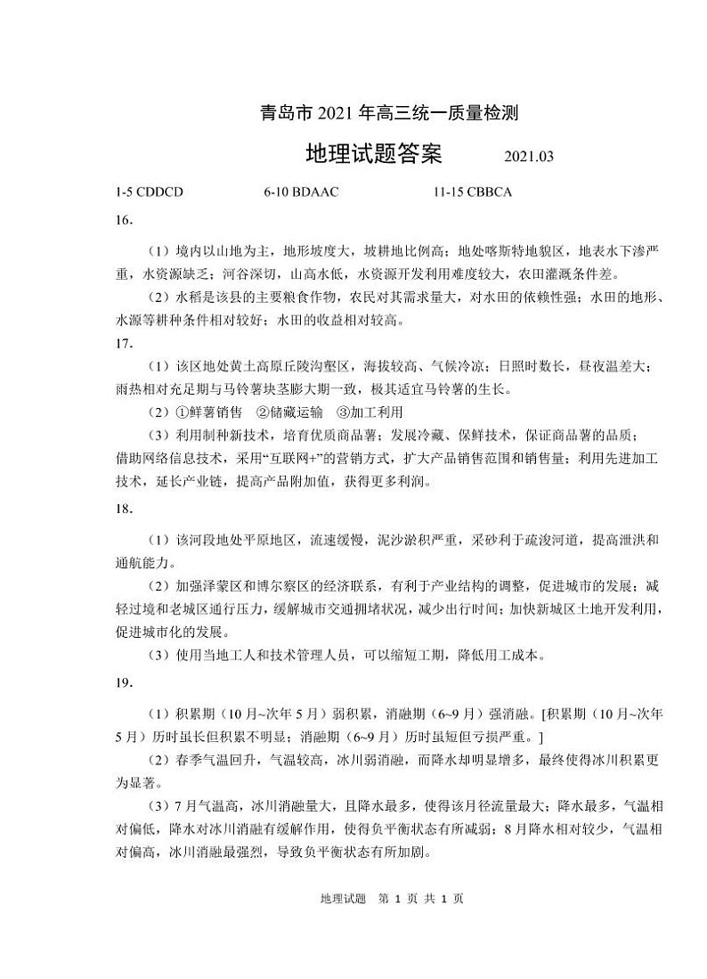 青岛市2021年高三年级一模地理参考答案第1页