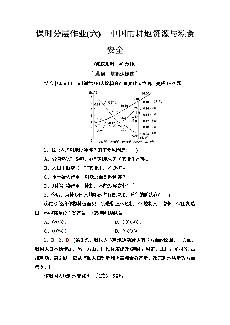 高中地理人教版 (2019) 选择性必修3　课时分层作业6　中国的耕地资源与粮食安全 练习01