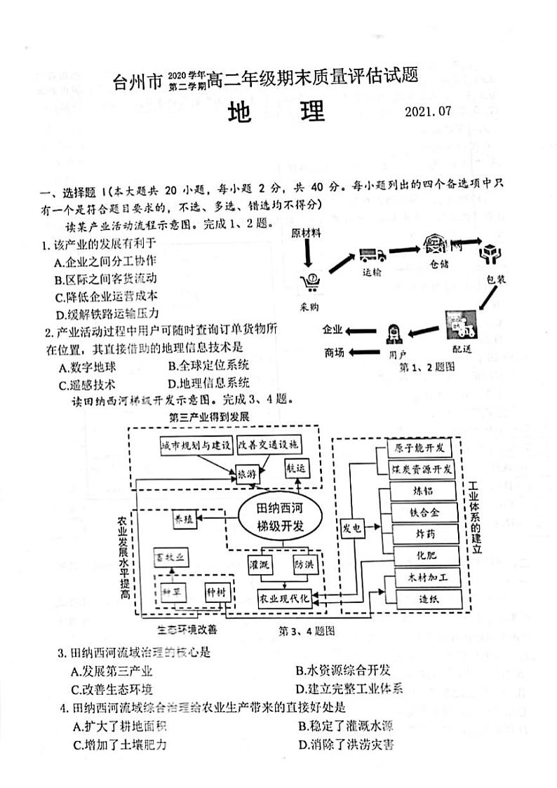 2020-2021学年浙江省台州市高二下学期期末质量评估地理试题 pdf版01