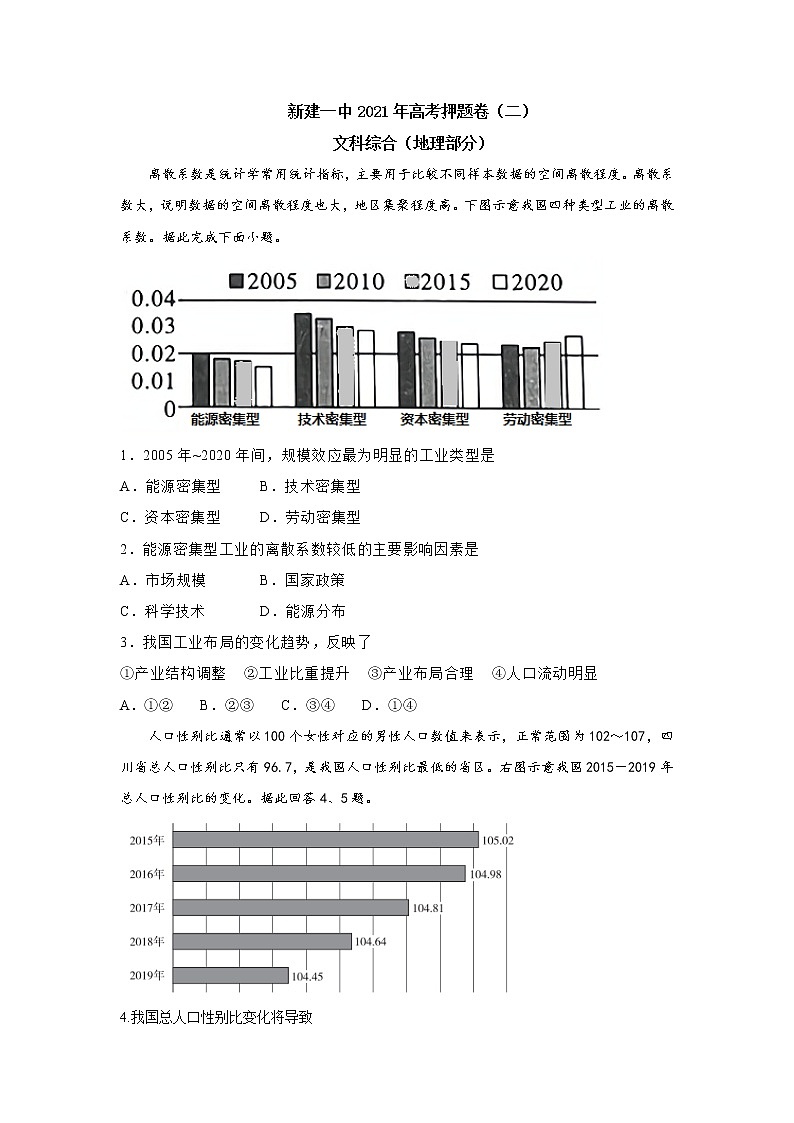 江西省南昌市新建区第一中学2021届高三高考押题卷（二）地理试卷+答案【Word版】01