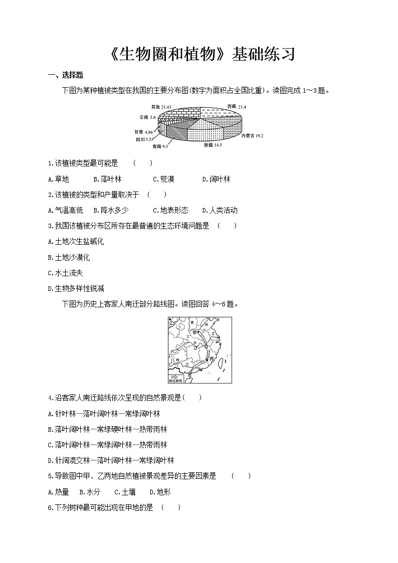 2.3生物圈和植物基础练习【高中地理鲁教版必修第一册（新课标)同步测试】01