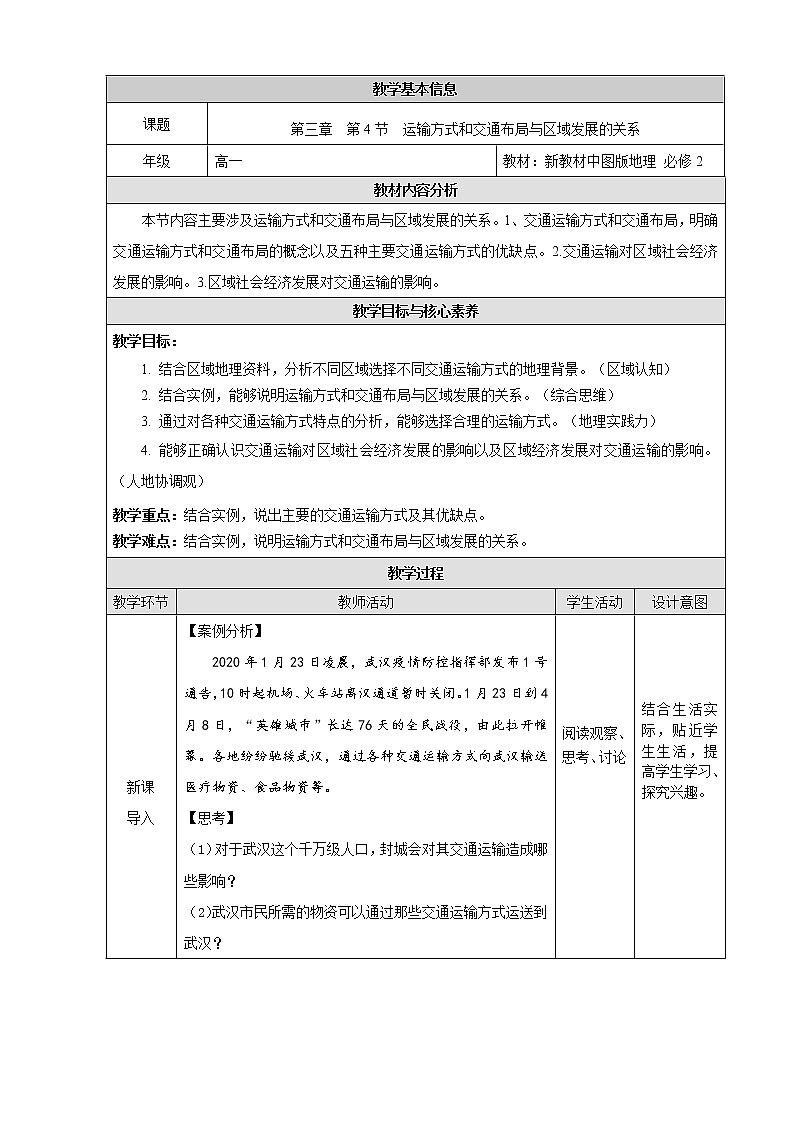 3.4 运输方式和交通布局与区域发展的关系-地理同步备课教案（新教材中图版必修第二册）01