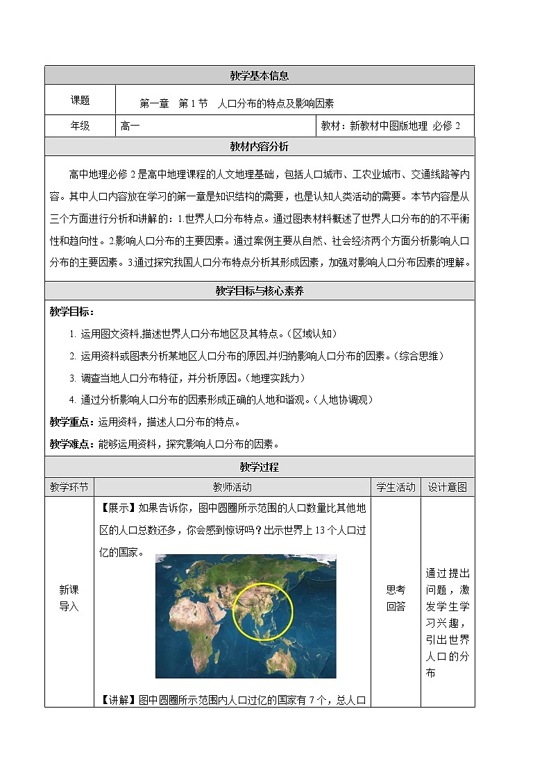 1.1 人口分布的特点及影响因素-地理同步备课教案（新教材中图版必修第二册）01